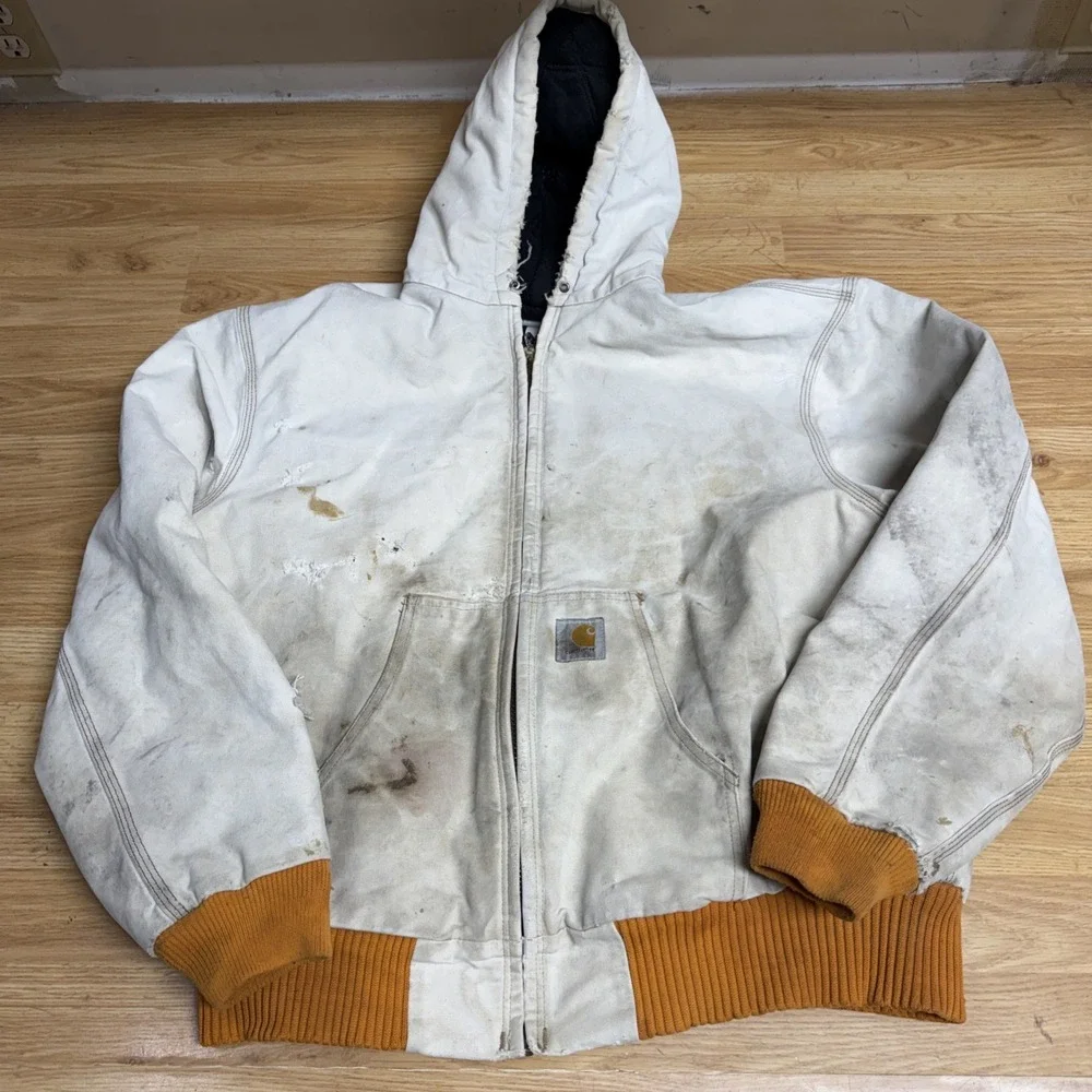 Vintage 90s Carhartt Hooded Jacket Quilt Lined Thrashed Off White Orange Trim